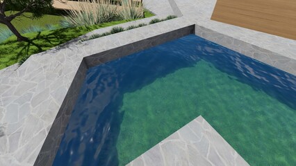 3d image of the landscape design of the home territory. Landscaping of the territory. Computer visualization of composite landscaping and landscaping solutions.