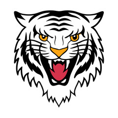 A tiger's head is a powerful symbol of strength, courage, and ferocity. It features sharp, piercing eyes, strong jaws, and distinct black stripes on golden-orange fur. The broad forehead and muscular 