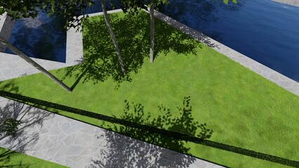 3d image of the landscape design of the home territory. Landscaping of the territory. Computer visualization of composite landscaping and landscaping solutions.