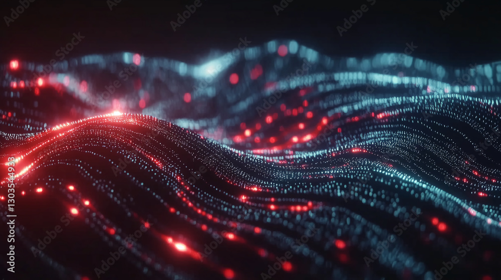 Poster Abstract dark background with red and blue glowing particles forming wavy patterns, creating a digital, technological, or futuristic concept, ideal for tech-related designs