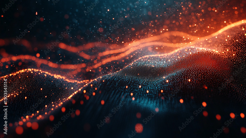Poster Abstract image of glowing particles forming undulating waves, showcasing a dynamic and energetic concept, ideal for technology or design backgrounds