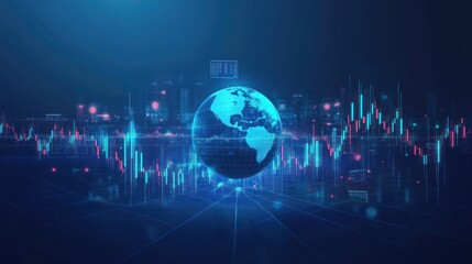 Fototapeta premium Global financial data visualization; world map, charts, and graphs; showing financial trends in a futuristic setting; for data visualization, business, and marketing use