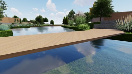 3d image of the landscape design of the home territory. Landscaping of the territory. Computer visualization of composite landscaping and landscaping solutions.