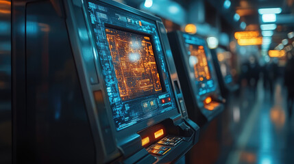 A futuristic ATM dispensing digital currency holograms