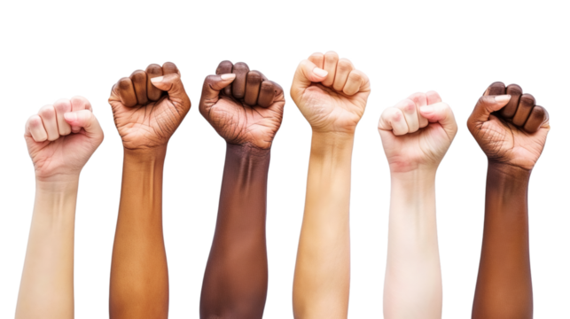 Raised fist in the air for demonstration and protest isolated on white