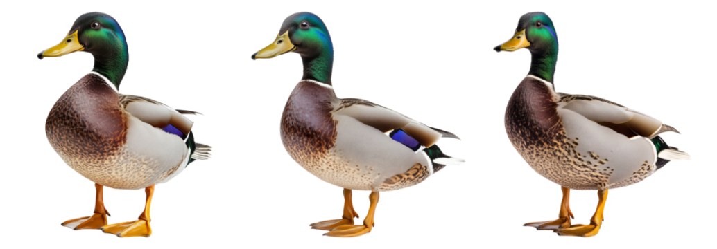 Colorful Male Ducks with Distinctive Plumage Standing in a Row, PNG bundle collection, Isolated on Transparent Background