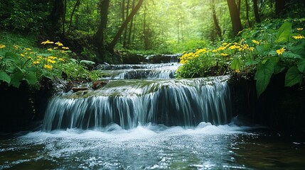 A serene cascade in a lush forest setting. The water is crystal clear as it flows over rocks creating a natural waterfall scene.