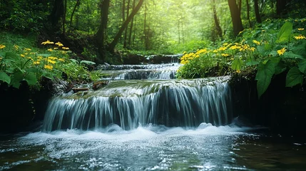 Fototapete Rund A serene cascade in a lush forest setting. The water is crystal clear as it flows over rocks creating a natural waterfall scene. © Jasper
