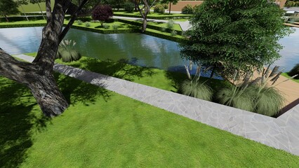 3d image of the landscape design of the home territory. Landscaping of the territory. Computer visualization of composite landscaping and landscaping solutions.