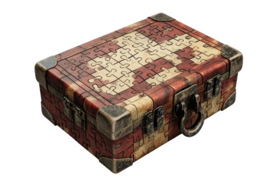 A vintage puzzle box crafted from pieces, blending art and functionality in unique design isolated on transparent background