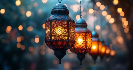 Fototapeta premium Glowing Ornate Lanterns with Dreamy Fairy Lights at Twilight