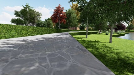 3d image of the landscape design of the home territory. Landscaping of the territory. Computer visualization of composite landscaping and landscaping solutions.