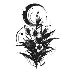 Abstract floral tattoo design with geometric shapes and moon elements in black-and-white style
