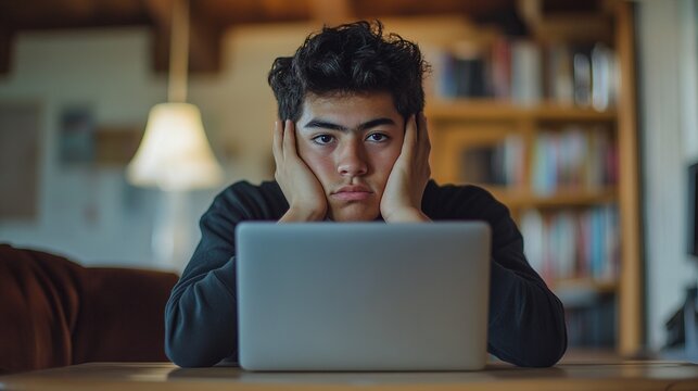 Student with worried expression at desk. Dark hair. Laptop in foreground. Bookshelf in background. Studying, work, finals week, pressure. - Powered by Adobe