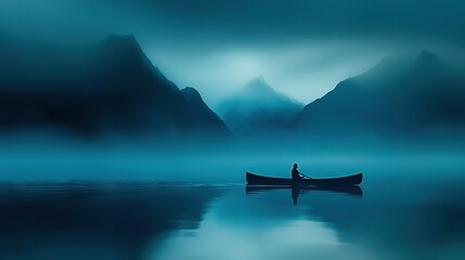 Naklejka premium A person sitting in a boat amidst a lake's fog, surrounded by mountains