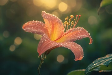 The image shows a dew-covered orange lily in soft morning light, with a blurred green background