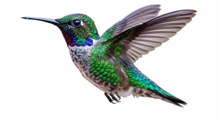 Fototapeta premium Colorful hummingbird in flight on a white background.