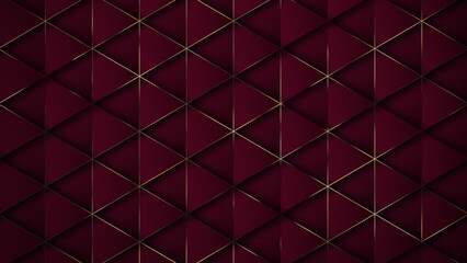 Abstract burgundy background with gold. Burgundy background. luxury geometric background with brozen metallic lines. Graphic ornament. pattern triangles red. Simple elegant 3d BG.