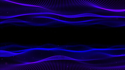 Two blue mirror waves. Symmetrical wavy background with flying particles. Wavy mesh frame in glowing purple reflection particle. Abstract wavy background. Big data, futuristic background.