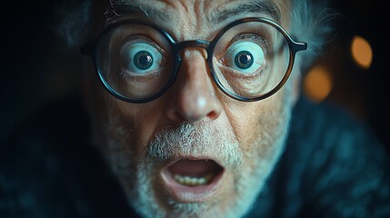 Hilarious close-up of a shocked man with wide eyes and glasses.