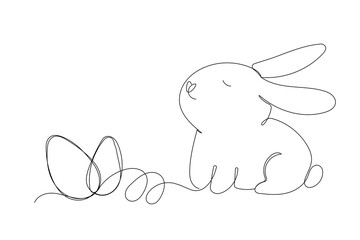 Line Art Easter Bunny Character Doodle Symbol. Cute Baby Rabbit Hand Drawn Portrait. Lovely Mammal Adorable Hare Pet Animal Mascot. Outline Sketch One Continuous Line Art Decoration Illustration.  
