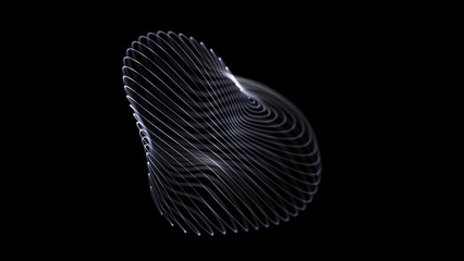 Whit liquid water sphere on black background. Smooth linear ball changes shape. Silver space neon orb