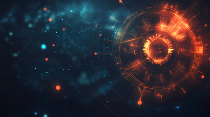 Abstract depiction of time with glowing gears and cogs interlocking in a dark void, conceptual art, mechanical glow. Time - Clock. Illustration