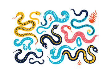 Fototapeta premium Colorful Cartoon Snakes Collection Whimsical Reptile Designs, Vector Art