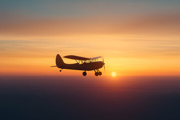 Vintage airplane silhouette against a radiant sunset sky. A nostalgic flight into golden hour ambiance. A perfect blend of vintage charm and breathtaking beauty.