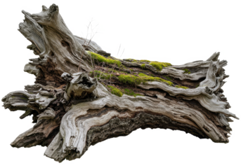A large weathered fallen tree trunk with twisted branches and rugged textured bark isolated on transparent background