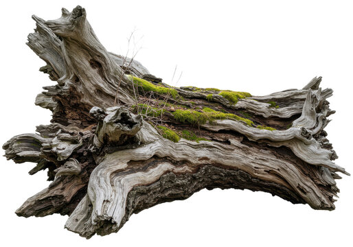 A large weathered fallen tree trunk with twisted branches and rugged textured bark isolated on transparent background