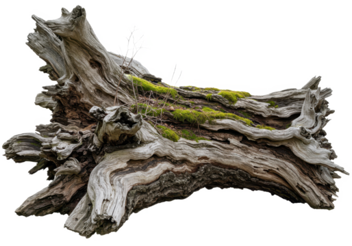A large weathered fallen tree trunk with twisted branches and rugged textured bark isolated on transparent background
