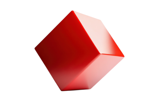 A striking red cube balanced on a surface, highlighting geometric shapes and bold colors isolated on transparent background - Powered by Adobe