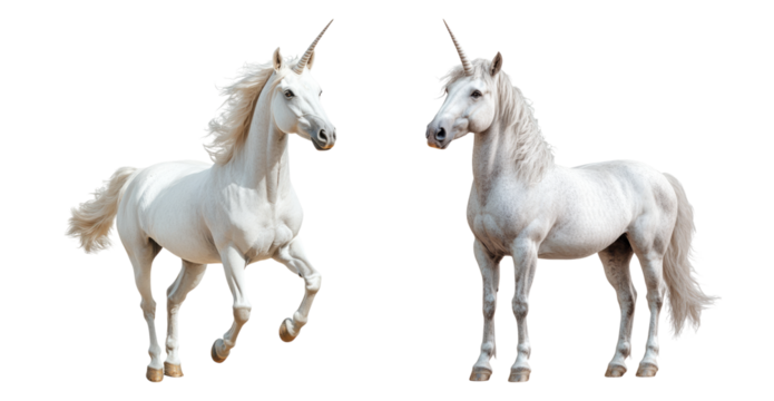 Majestic White Unicorns Walking Gracefully in Enchanted Landscape, PNG bundle collection, Isolated on Transparent Background