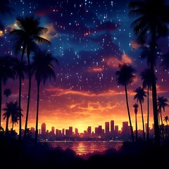 City skyline nightscape palms sunset glow