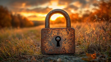 Rusty padlock in autumn field at sunset