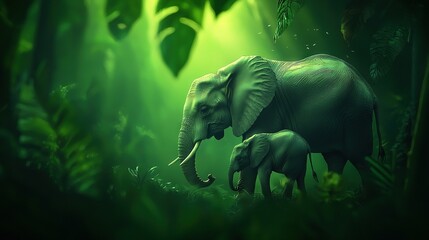   A pair of elephants stand together in a verdant forest surrounded by trees and foliage on a bright sunlit day