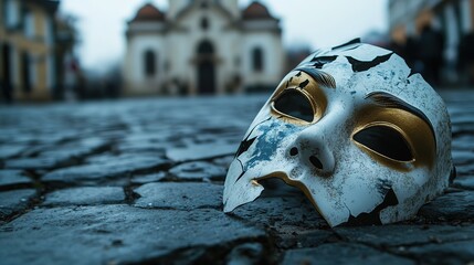a broken metal mask on grungy ground with ancient church at shore as background