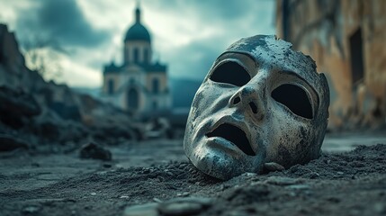 a broken metal mask on grungy ground with ancient church at shore as background