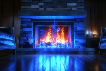 A modern fireplace showcases vibrant blue flames dancing above the logs, creating a warm and inviting atmosphere in the space