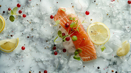Freshly prepared salmon fillet served on ice with lemon slices and berries on a marble countertop