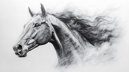 Obraz premium Intricate Black-and-White Pencil Sketch of a Graceful Horse with Flowing Mane.