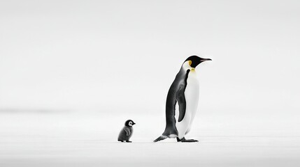 Obraz premium A pair of penguins stand beside an adult penguin on a snow-covered ground
