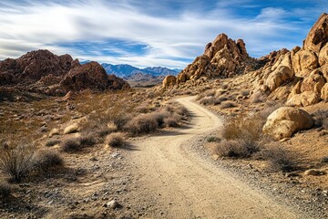 Curving path meanders through a barren desert dotted with large rock formations and minimal plant life under a vast sky