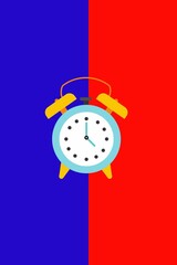 Alarm clock on blue red background, time is money concept, 
