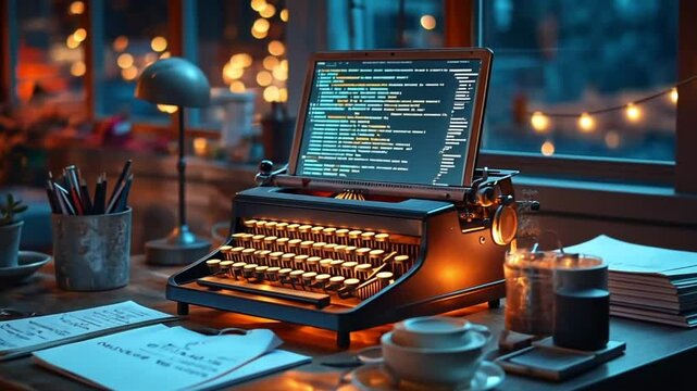 Vintage typewriter, laptop, coffee, cafe ambiance, focused work, study