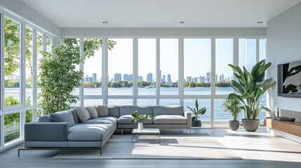 Fototapeta premium Modern living room with city views, ideal for showcasing home design