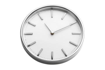 Minimalist silver clock displays time with elegance in a bright, contemporary setting isolated on transparent background