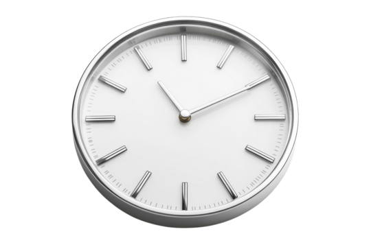 Minimalist silver clock displays time with elegance in a bright, contemporary setting isolated on transparent background