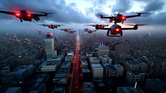 Aerial view of multiple drones flying over a cityscape at dusk, showcasing urban technology